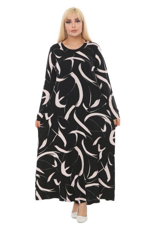 Butik Beyaz Tüy Desen Kollu Kadın Uzun Tesettür Elbise