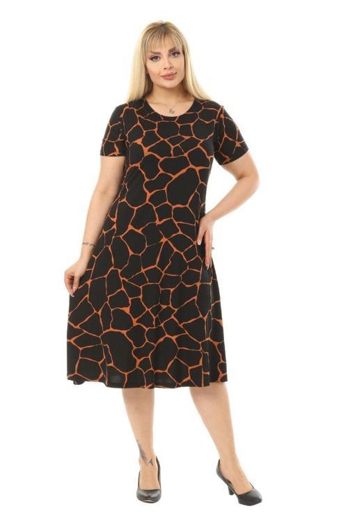 Butik Taş Desenli Kısa Kollu Siyah Büyük Beden Midi Elbise