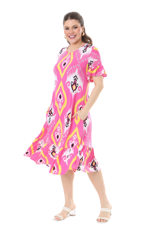 Butik Kısa Kollu Fırfırlı Cepli Pembe Motif Desenli Midi Elbise