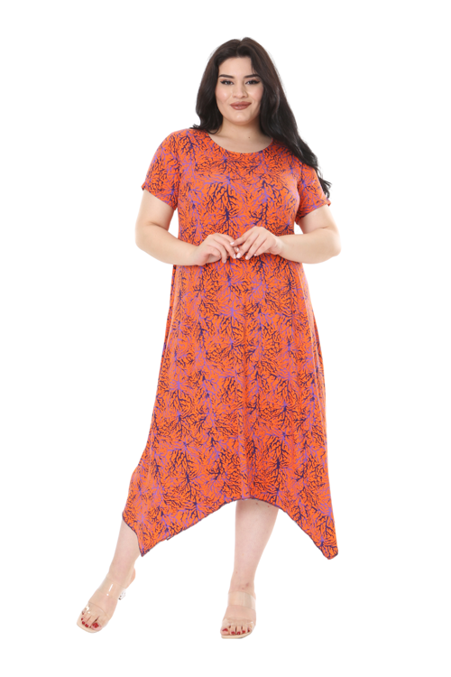 Butik Turuncu İnce Mercan Desen Asimetrik Kısa Kollu Elbise