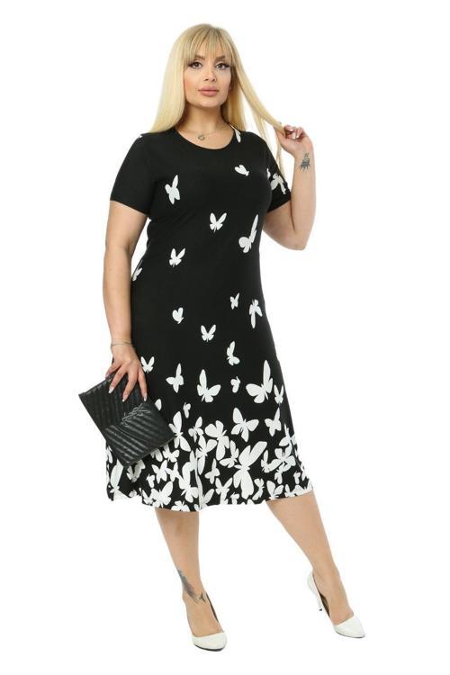 Butik Kelebek Desen Kısa Kollu Büyük Beden Midi Elbise