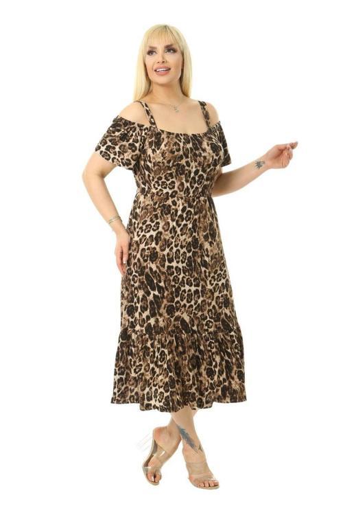 Butik Leopar Desen Askılı Madonna Yaka Midi Elbise