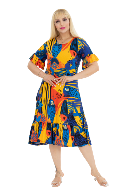 Butik Sarı Balık Desen Fırfırlı Kısa Kollu Kadın Midi Elbise