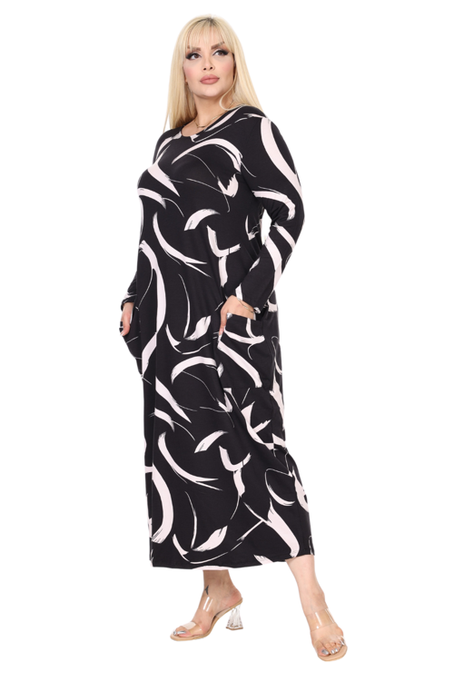 Butik Beyaz Tüy Desen Uzun Kollu Cepli Uzun Elbise