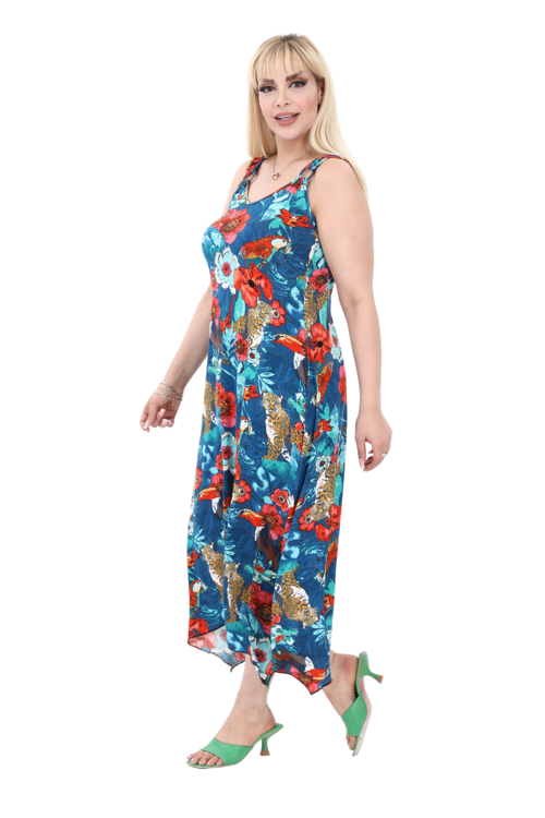 Butik Papağan Desen Büyük Beden Askılı V Yaka Uzun Elbise