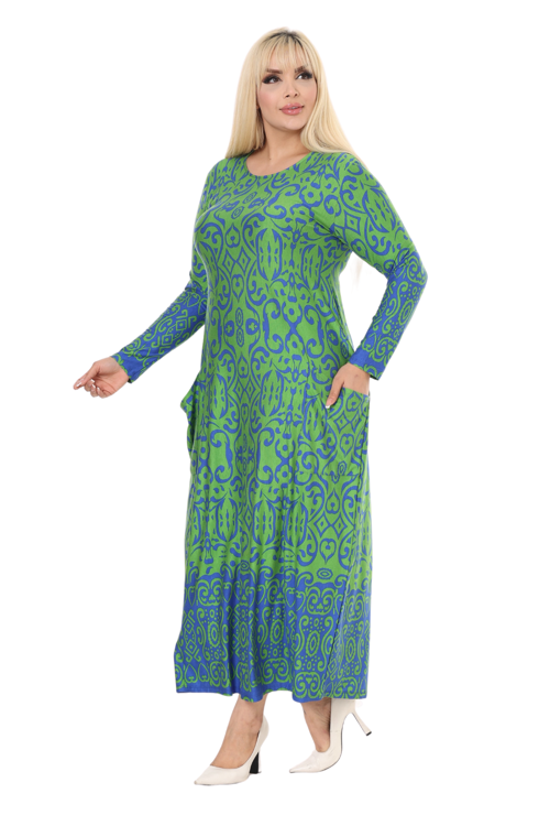 Butik Yeşil Mavi Kilim Desen Uzun Kollu Cepli Uzun Elbise