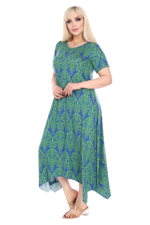 Butik Yeşil Dantel Desen Asimetrik Kısa Kollu Elbise