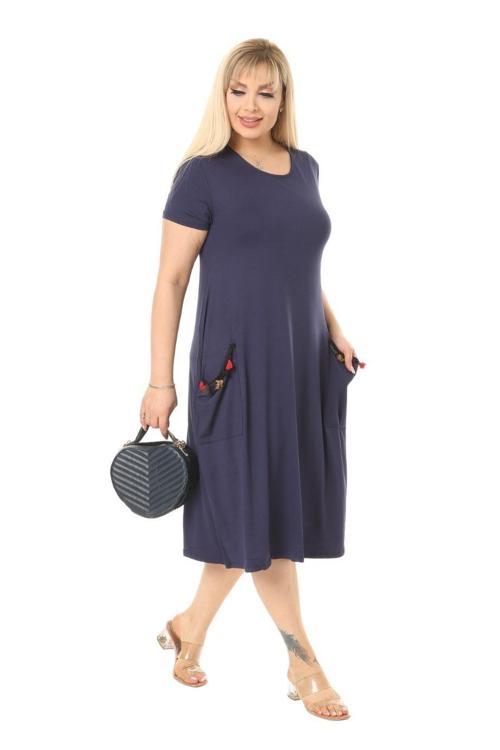 Butik Püsküllü Cepli Kısa Kollu Lacivert Midi Elbise