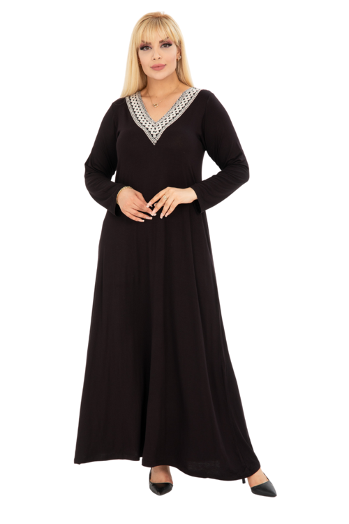 Butik Siyah V Yaka Dantel Detaylı Uzun Kollu Elbise