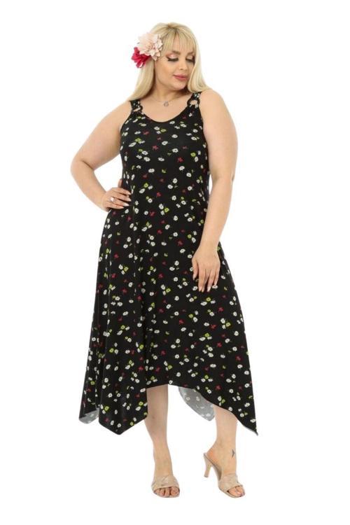 Butik Siyah Papatya Desen Askılı V Yaka Uzun Elbise