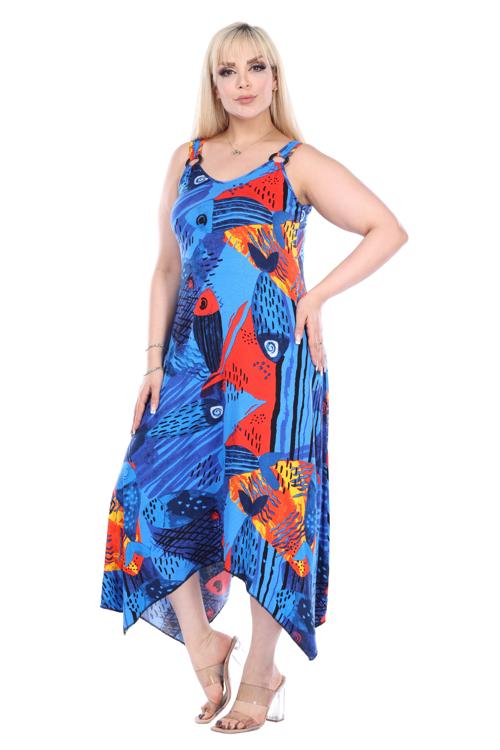 Butik Sax Balık Desen Askılı V Yaka Büyük Beden Elbise