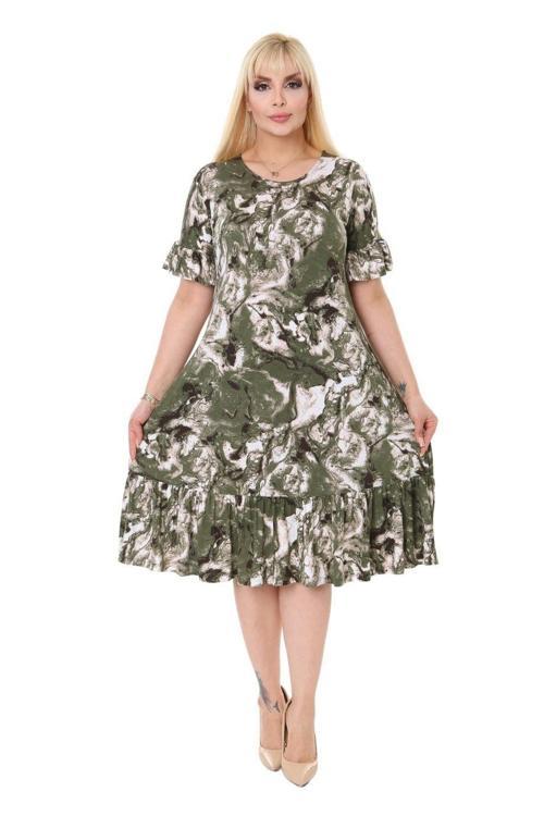 Butik Yeşil Batik Desen Fırfırlı Kısa Kollu Kadın Midi Elbise