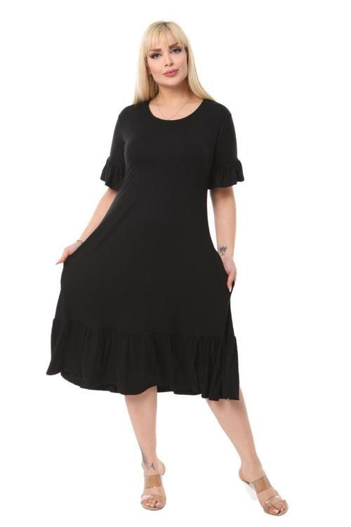 Butik Cepli Fırfırlı Siyah Kısa Kollu Kadın Midi Elbise