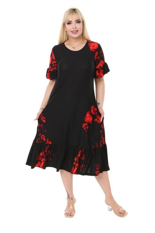 Butik Gelincik Desen Fırfır Detaylı Kısa Kollu Midi Elbise