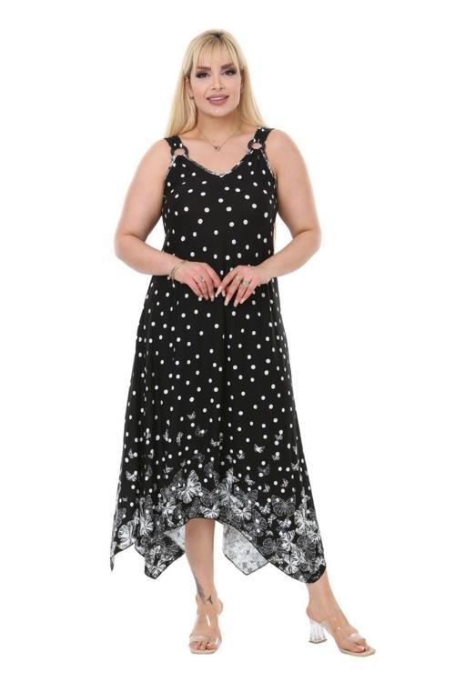Butik Siyah Puantiye Kelebek Desen Askılı Asimetrik Kesim Uzun Elbise