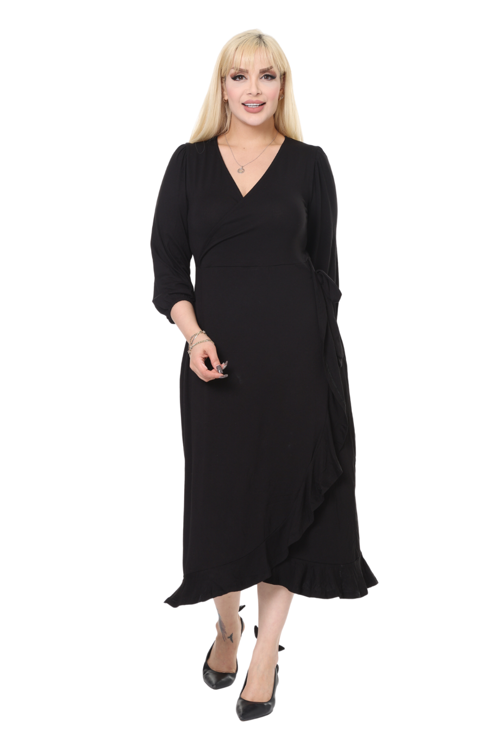 Butik Siyah Kruvaze Yaka Anvelop Etek Midi Elbise