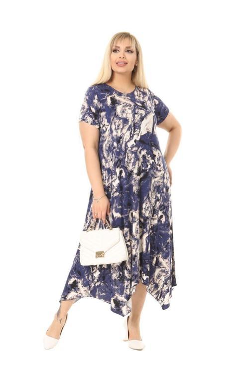 Butik Mavi Batik Desen Asimetrik Kısa Kollu Uzun Elbise