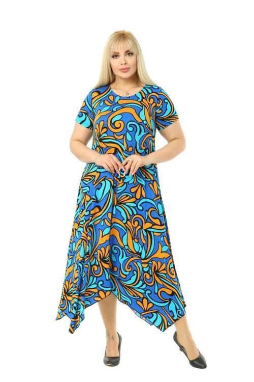Butik Turkuaz Desen Asimetrik Kısa Kollu Uzun Elbise