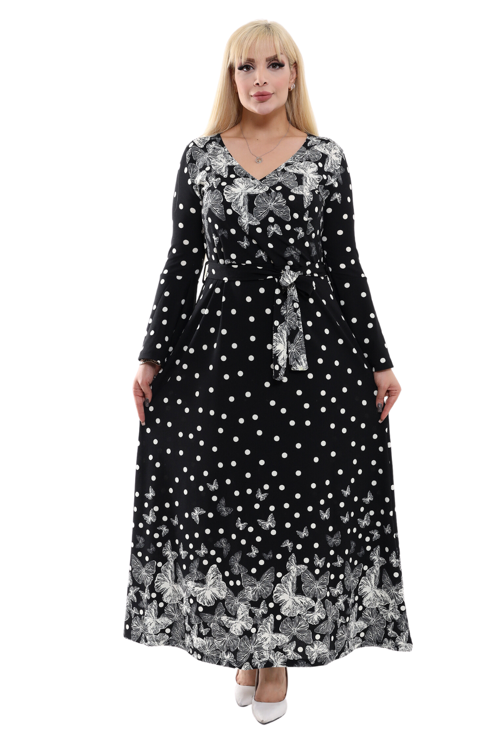 Butik Kruvaze Yaka Siyah Puan Kelebek Desen Kadın Krep Uzun Elbise