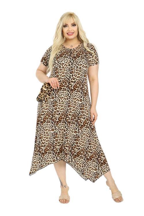 Butik Küçük Leopar Desen Asimetrik Kısa Kollu Uzun Elbise
