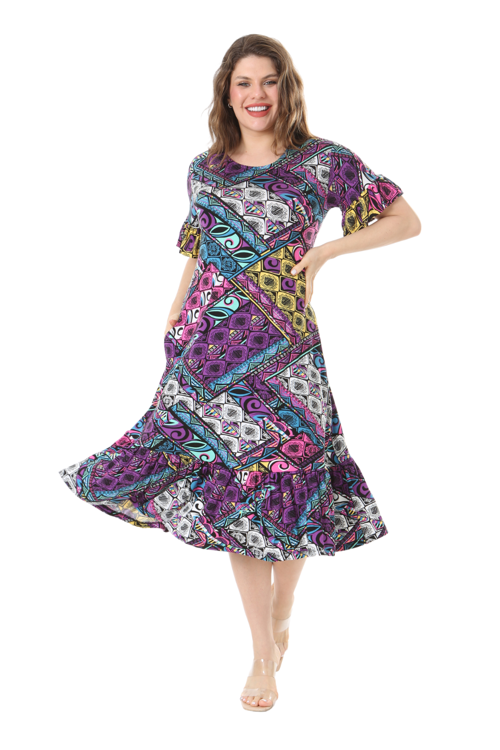 Butik Kısa Kollu Fırfırlı Cepli Mor Patchwork Desenli Midi Elbise