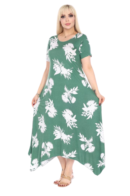 Butik Yeşil Beyaz Yaprak Desen Asimetrik Kısa Kollu Elbise