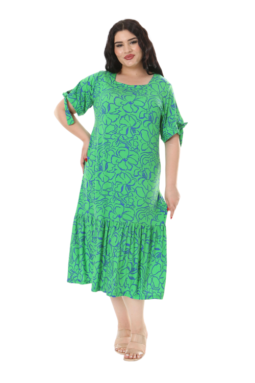 Butik Yeşil Çiçek Desen Kolları Bağlamalı Kısa Kollu Kadın Midi Elbise