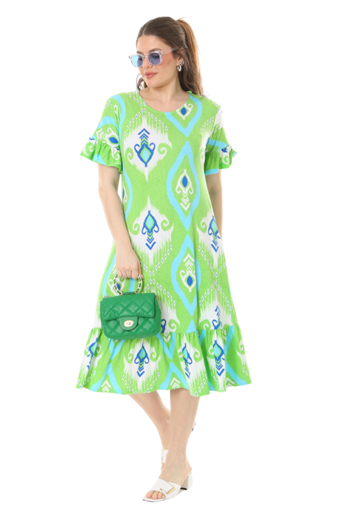 Butik Kısa Kollu Fırfırlı Cepli Yeşil Motif Desenli Midi Elbise