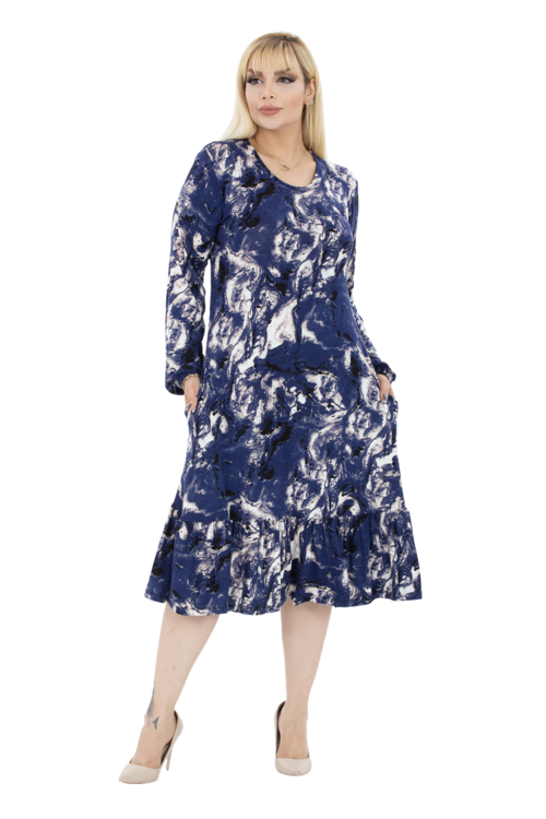 Butik Mavi Batik Desen Fırfırlı Uzun Kollu Kadın Midi Elbise