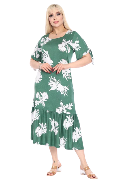 Butik Yeşil Beyaz Yaprak Desen Kolları Bağlamalı Kısa Kollu Elbise