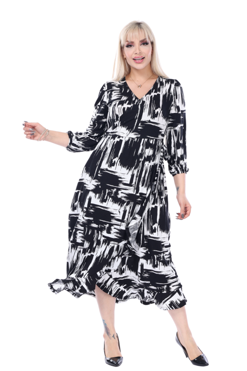 Butik Siyah Beyaz Kruvaze Yaka Fırça Desen Anvelop Midi Elbise