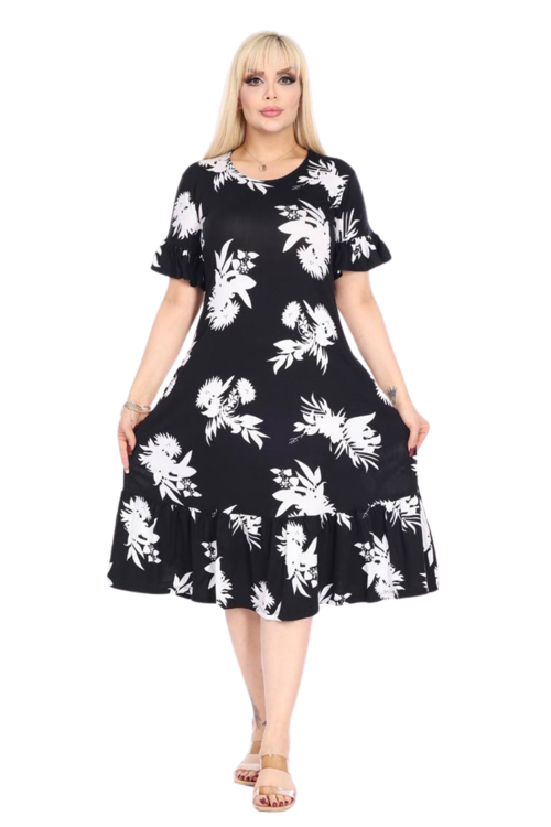 Butik Fırfırlı Kısa Kollu Siyah Beyaz Yaprak Desenli Cepli Elbise