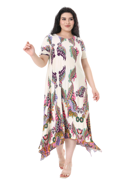 Butik Krem Renkli Şal Desen Asimetrik Kısa Kollu Elbise