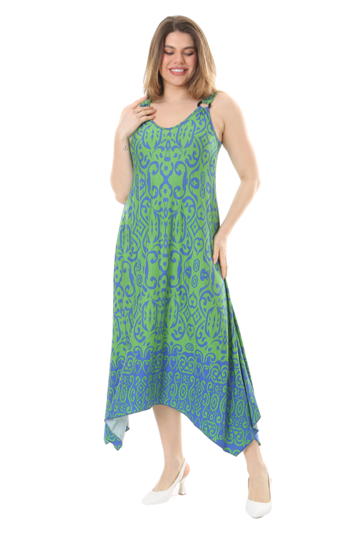Butik Yeşil Mavi Kilim Desen Askılı V Yaka Elbise