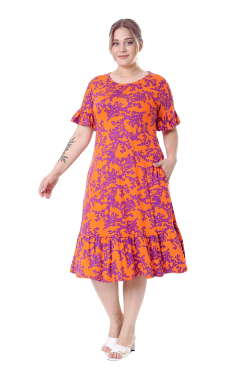 Butik Kısa Kollu Fırfırlı Cepli Turuncu Mor Mercan Desenli Midi Elbise