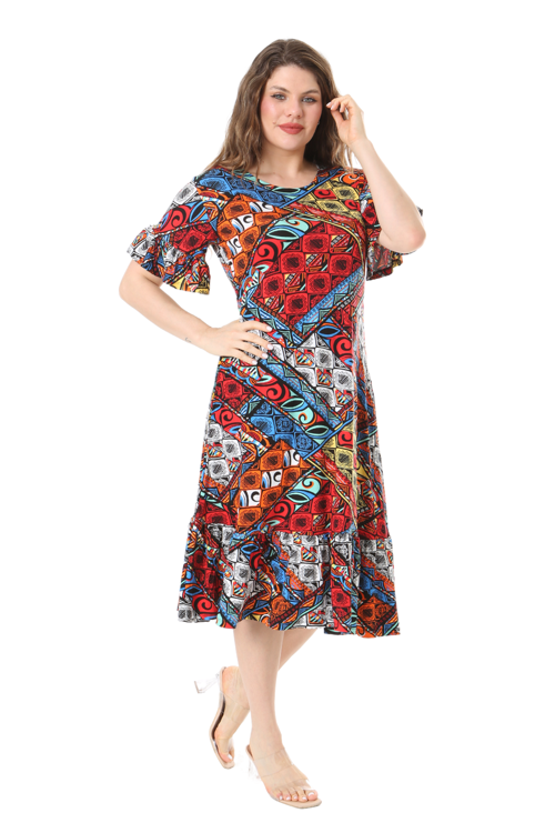Butik Kısa Kollu Fırfırlı Cepli Mavi Patchwork Desenli Midi Elbise