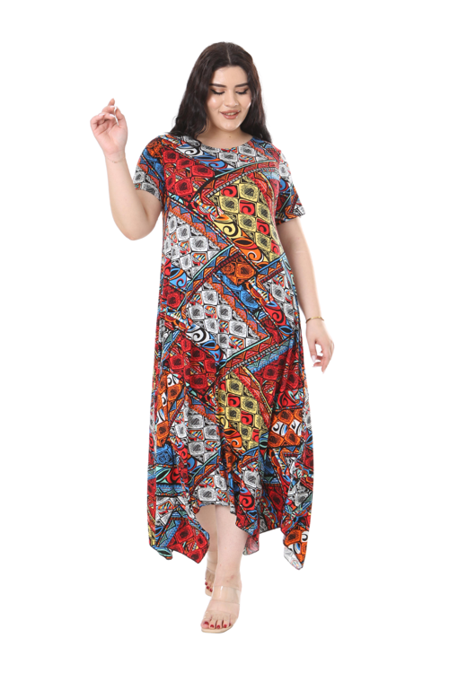 Butik Mavi Patchwork Desen Asimetrik Kısa Kollu Elbise