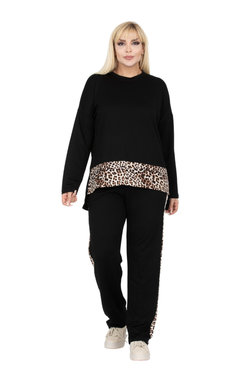 Butik Siyah Leopar Şeritli Büyük Beden Kadın Eşofman Takımı