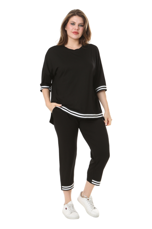 Butik Siyah Bisiklet Yaka Şerit Detaylı Kısa Kollu Beli Lastikli Kapri Takım