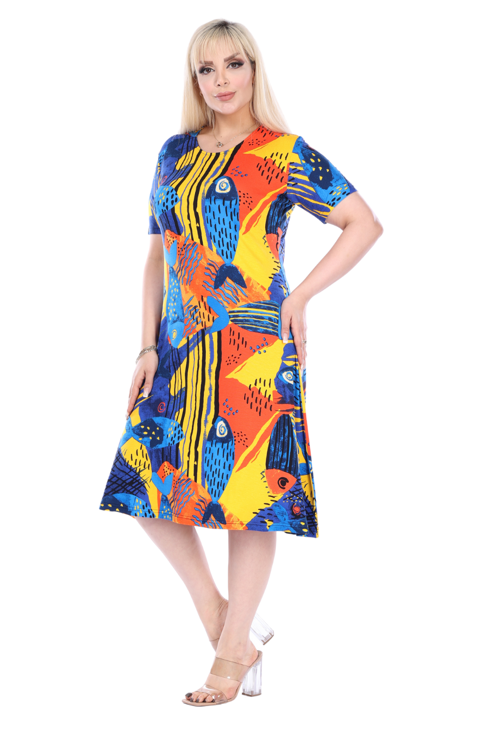 Butik Sarı Balık Desen Kısa Kollu Büyük Beden Midi Elbise