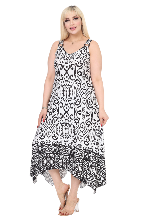 Butik Beyaz Siyah Kilim Desen Askılı V Yaka Elbise
