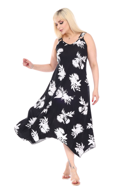 Butik Siyah Beyaz Yaprak Desen Askılı V Yaka Elbise