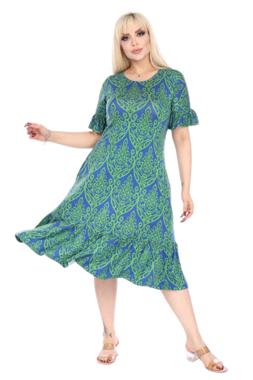 Butik Fırfırlı Kısa Kollu Yeşil Dantel Desenli Kadın Midi Elbise