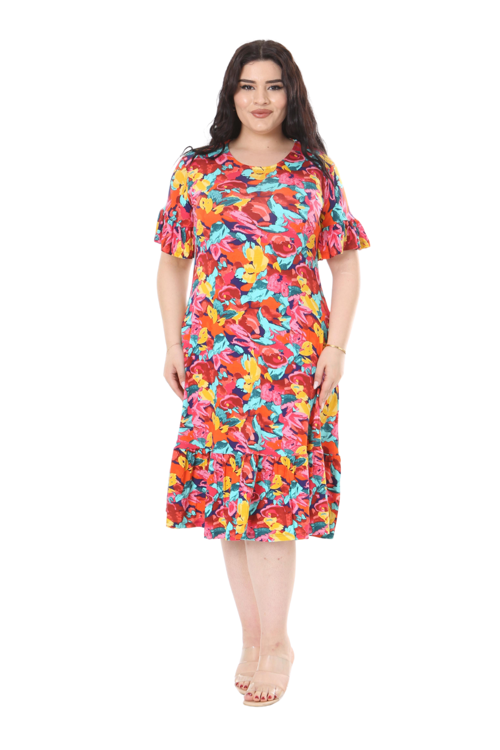 Butik Kısa Kollu Fırfırlı Cepli Sarı Gül Desenli Midi Elbise