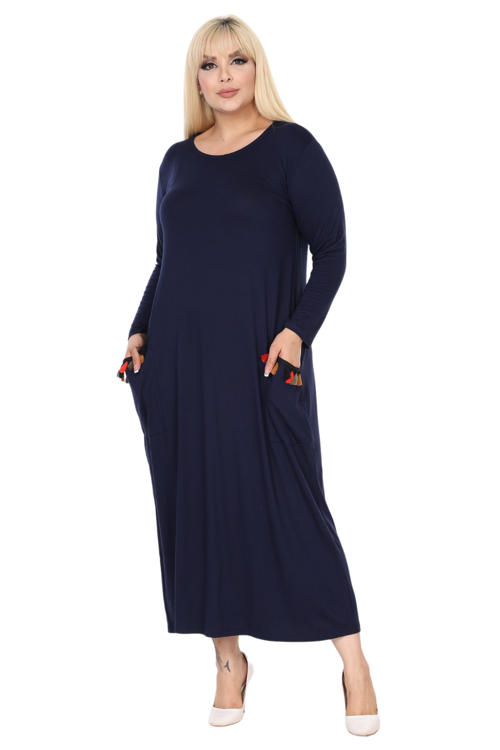 Butik Püsküllü Cepli Kadın Uzun Kollu Lacivert Tesettür Elbise