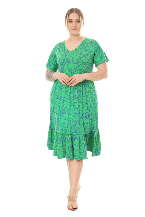 Butik Göğüsten Robalı V Yaka Kısa Kollu Yeşil Çiçek Desenli Cepli Elbise