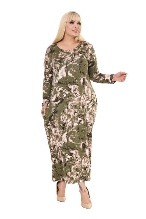 Butik Yeşil Batik Uzun Kollu Cepli Uzun Elbise