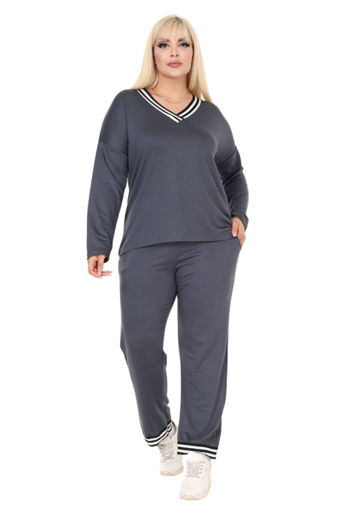 Butik Antrasit V Yaka Yakası Şerit Detaylı Eşofman Takımı