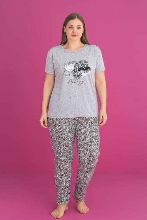 X-Dreamy Büyük Beden Pamuklu Leopar Desenli Kısa Kollu Pijama Takımı