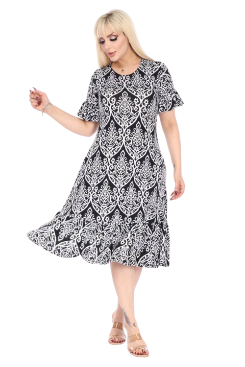 Butik Fırfırlı Kısa Kollu Beyaz Dantel Desenli Cepli Midi Elbise